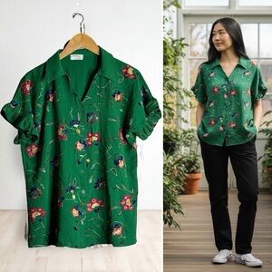 GREEN FLORAL EMBROIDERED BLOUSE Sz XL
